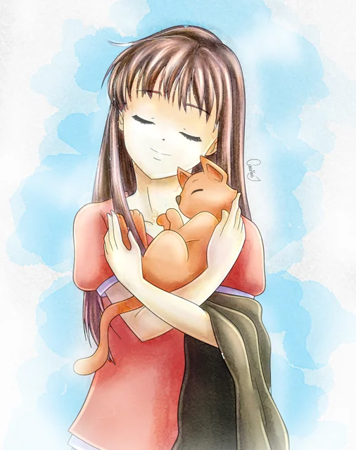 Ejemplo de ilustración tipo acuarela: chica abrazando a un gato