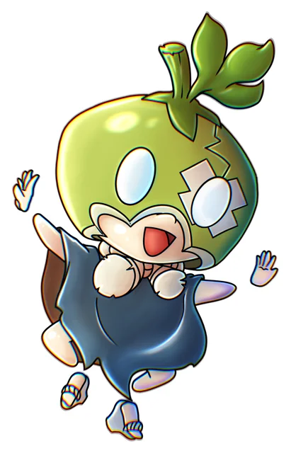 Ejemplo de chibi: personaje con cabeza de brote verde saltando