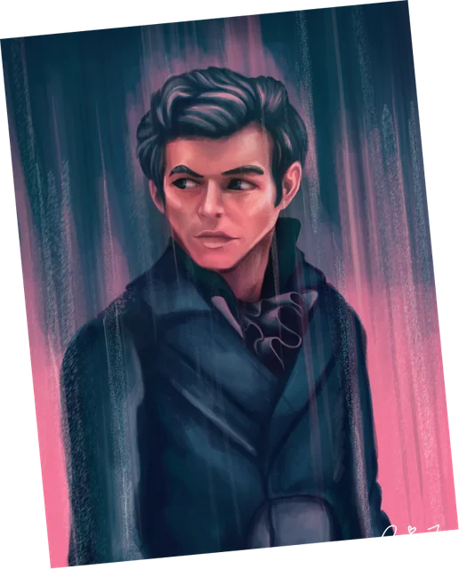 Ejemplo de semi realismo: retrato de un chico con abrigo oscuro sobre fondo rosado